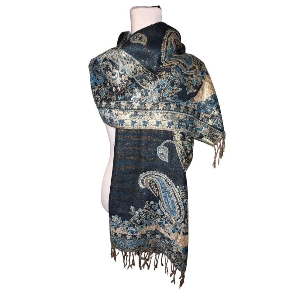 Paisley metallic blue, gold fringe‎ shawl scarf, sarong bohemian GypsyGoth - Picture 3 of 15